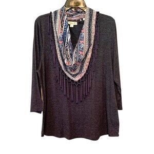 One World Womens 3/4 Sleeve Knit Tunic Top w/ Detachable Scarf, Dark Gray - PXL